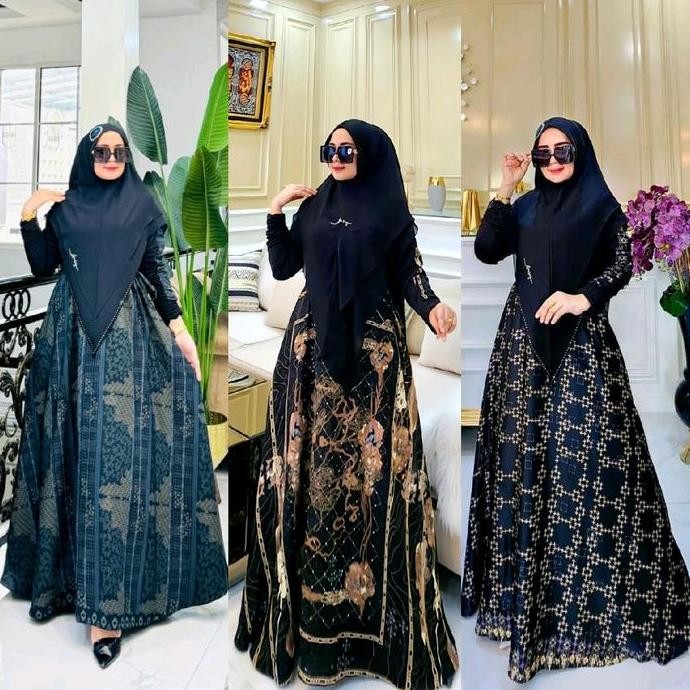 Terjangkau Gamis SyarI Set Syari Gamis Motif Syari Mewah Dress Motif Bunga Strip Hitam Serut Muslim 