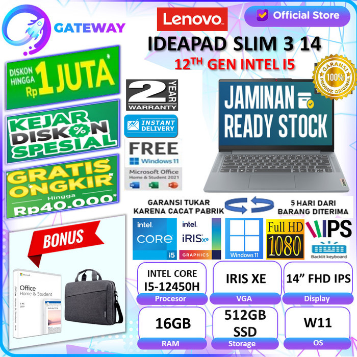 Lenovo Ideapad Slim 3I 14 Core I5 12450H 8Gb 512Gb Ssd Fhd Ips +Ohs
