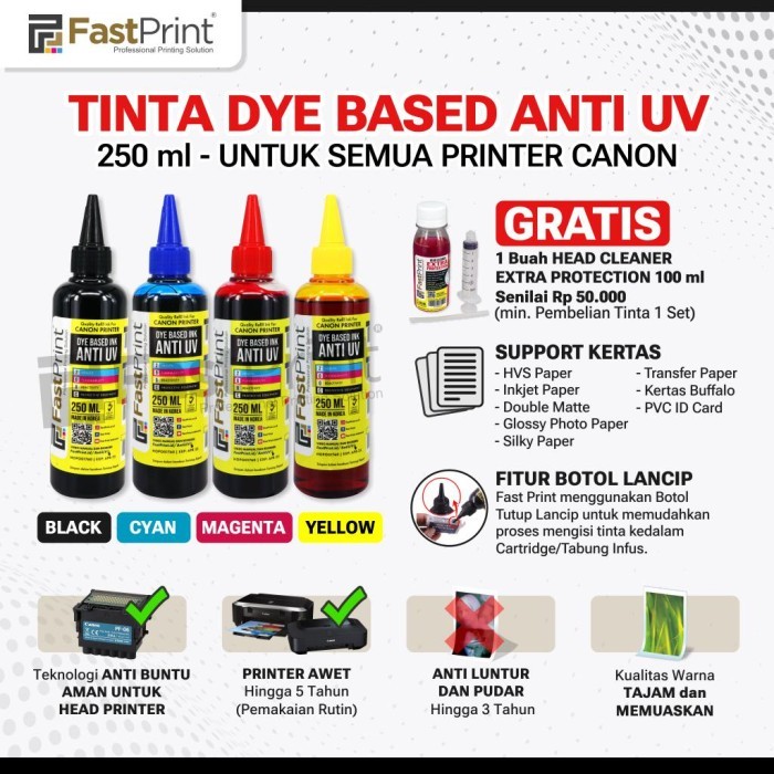 

Tinta Dye Based Anti UV Canon 1 Set - 4 Warna - 250 ML