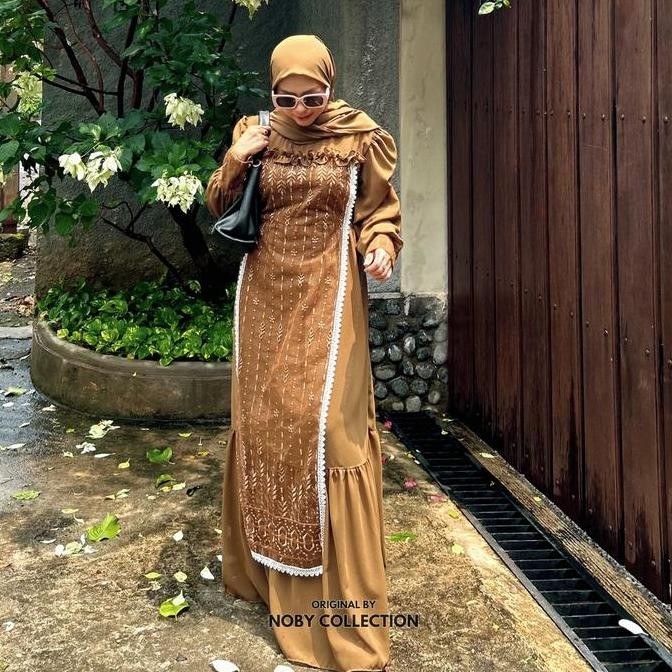 Gamis Syarifah Dewasa Set Hijab Ceruty x Brukat Sapto-Busana Muslim Wanita Lebaran 2024 Mewah Nyaman