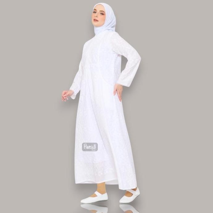 Gamis Putih Kantong Samping Full Bordir Gamis Katun Perlengkapan Umroh Haji Wanita Muslimah Terlaris