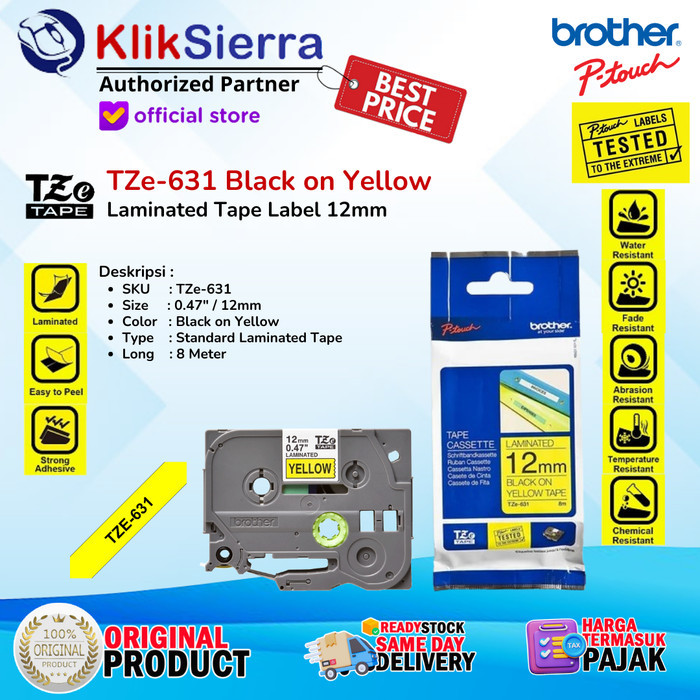 BROTHER TZe-631 12mm PTouch Tape Label TZe631 Black on Yellow
