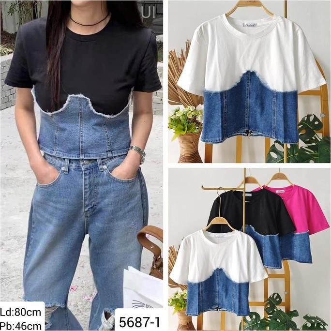 kaos lengan pendek kombi jeans belakang resleting