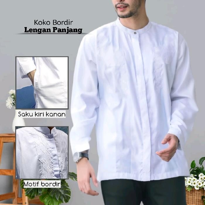 BAJU KOKO PUTIH BORDIR REMAJA/DEWASA LENGAN PANJANG KOKO BORDIR PUTIH BAJU PRIA MUSLIM