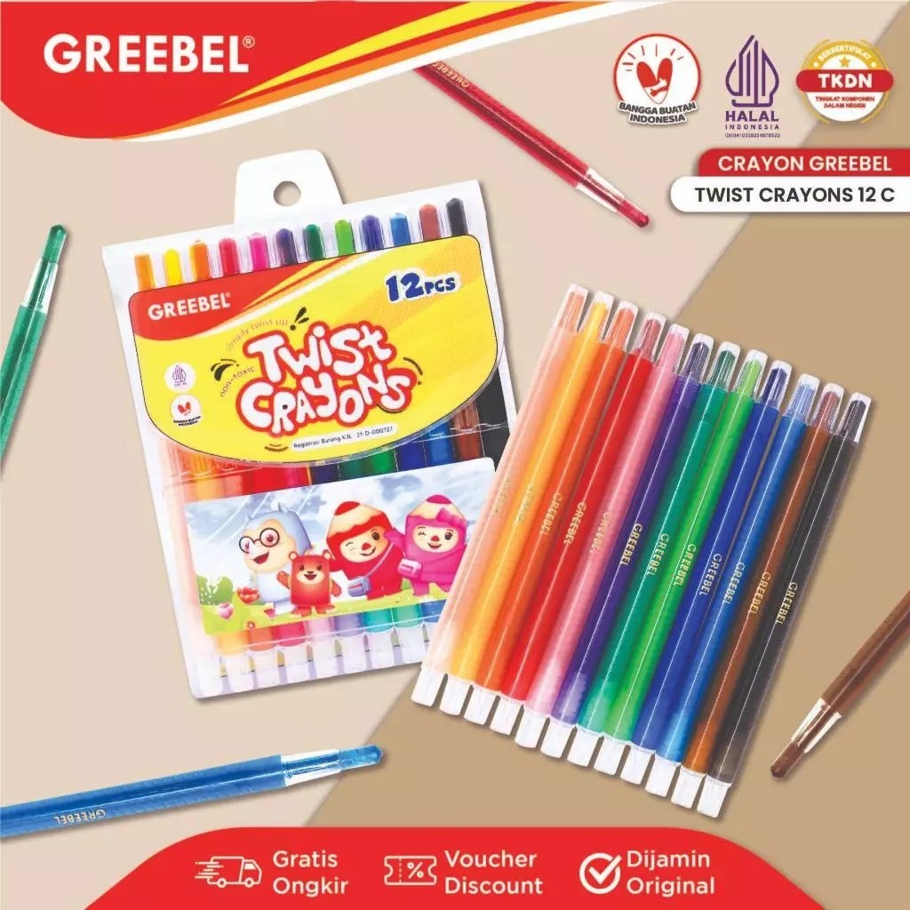 

GREEBEL Crayon Putar / Krayon Twist 12 Warna Panjang / Twist Crayons 12C