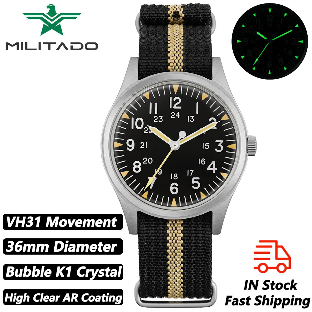 Militado ML07 Vintage Quartz Watch VH31 Movement Wristwatches Bubble Crystal With High Clear AR