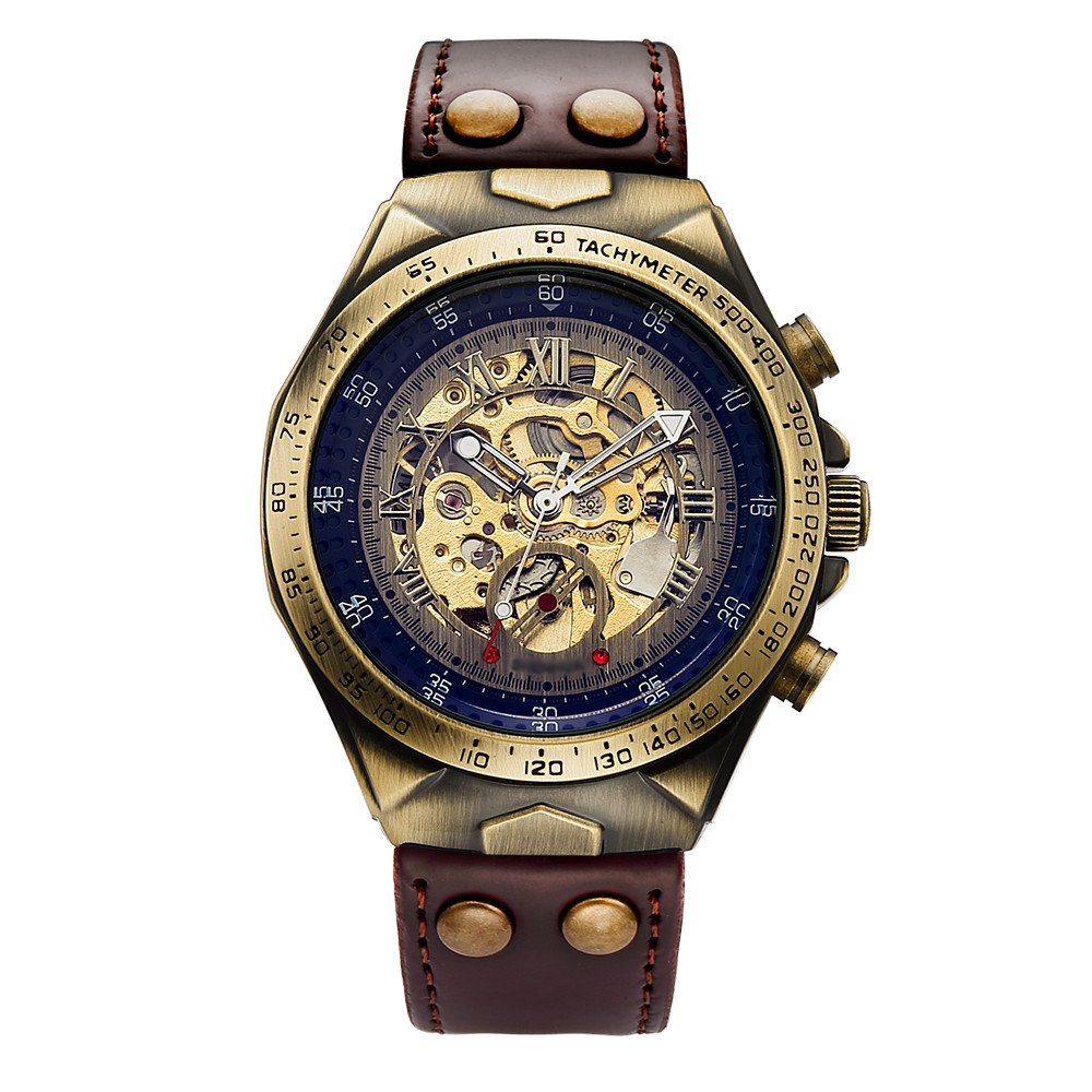 Vintage Automatic Mechanical Watch Men Steampunk Skeleton Self Winding Watch Retro Leather