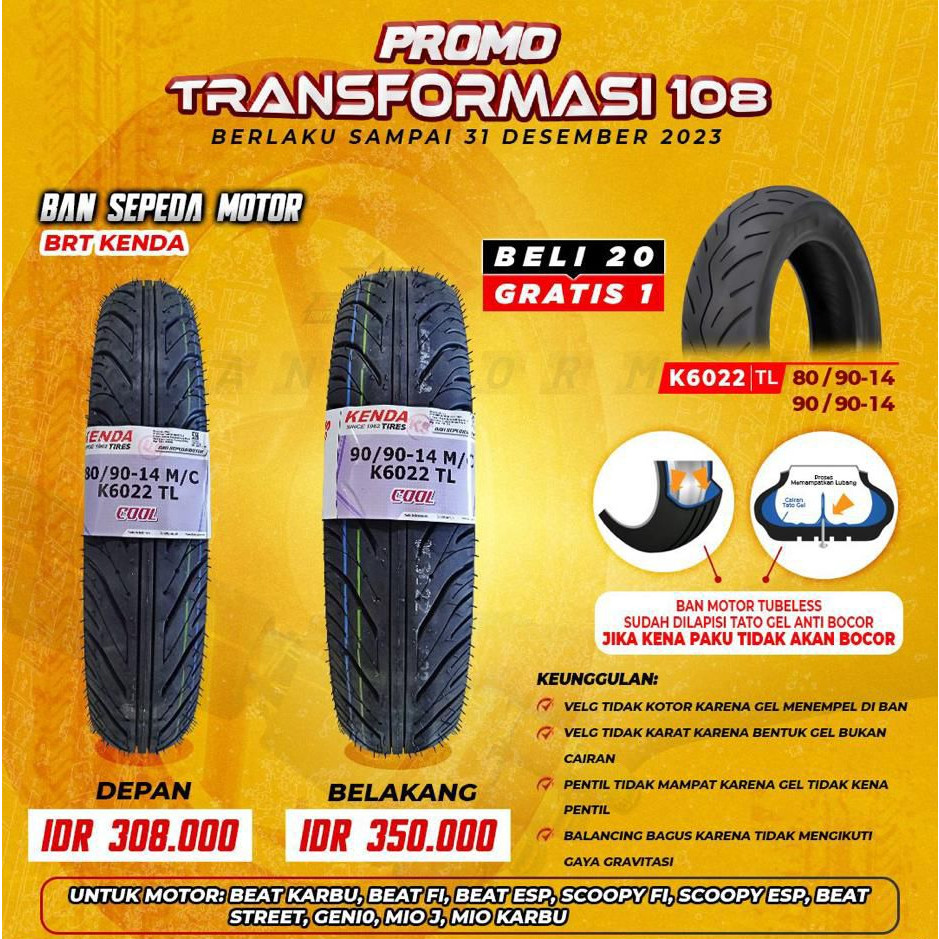 Ban BRT Kenda Ring 14 70/90-14 80/90-14 90/90-14 Ban Tubles Anti Bocor