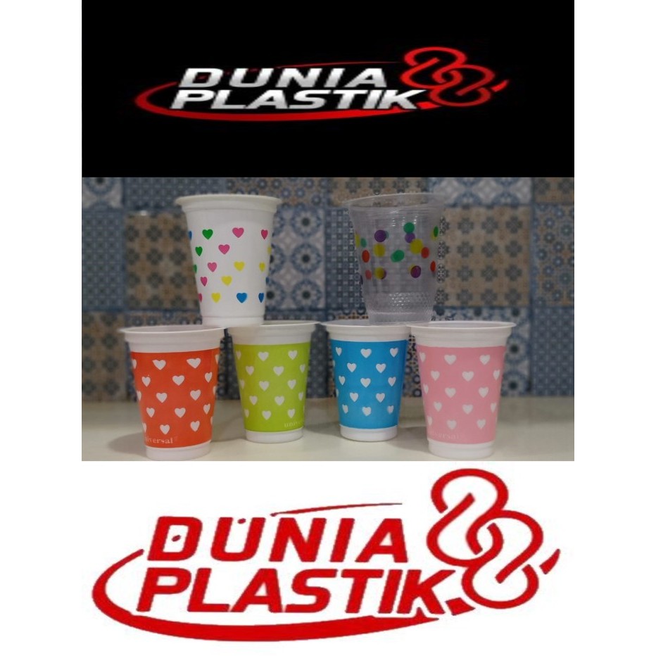 50Pcs Gelas Plastik Motif Love Polkadot Warna Warni Pesta Party