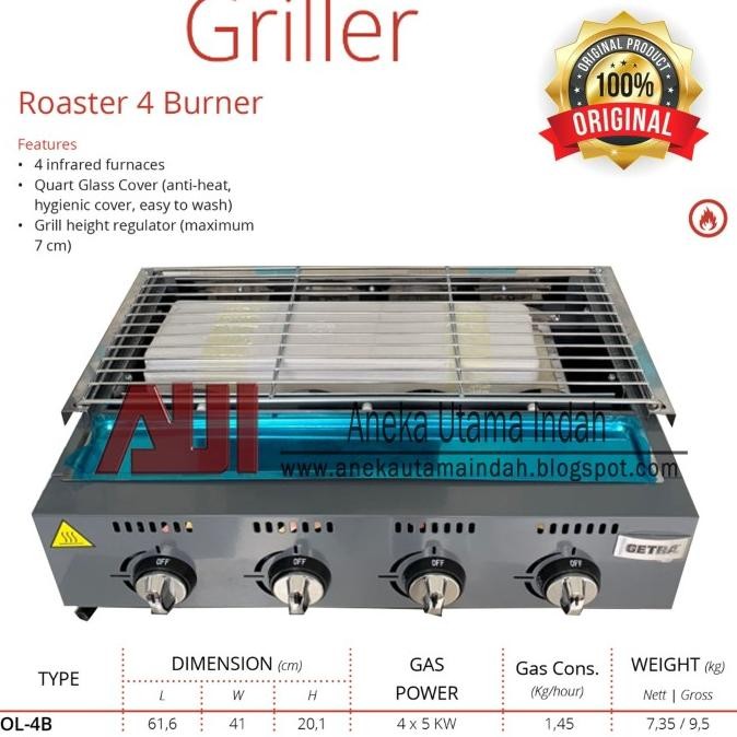 

New Panggangan Sate Bakso Sosis Bakar Getra 4 Tungku Ol-4B Gas Roaster