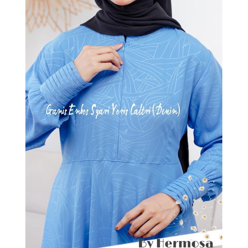 Gamis denim syari-gamis hermosa biru denim-gamis lebaran denim premium New