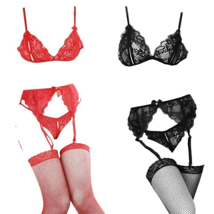 B258 Bra Set Bralette Bikini Baju Haram Crotchless Stocking Sexy Seksi