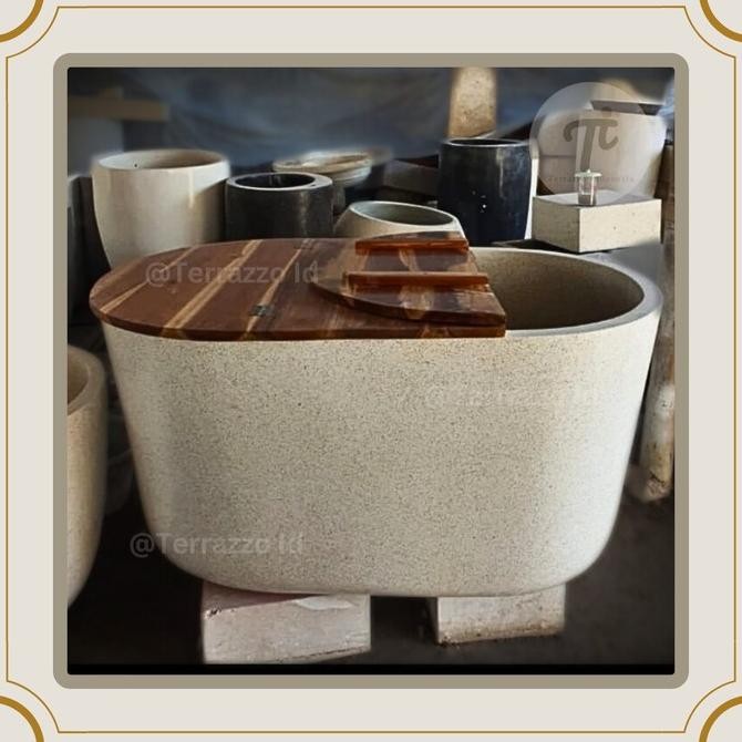 bath tub teraso japan + tutup kayu jati | bathtub terrazzo | bethub terasso putih doff
