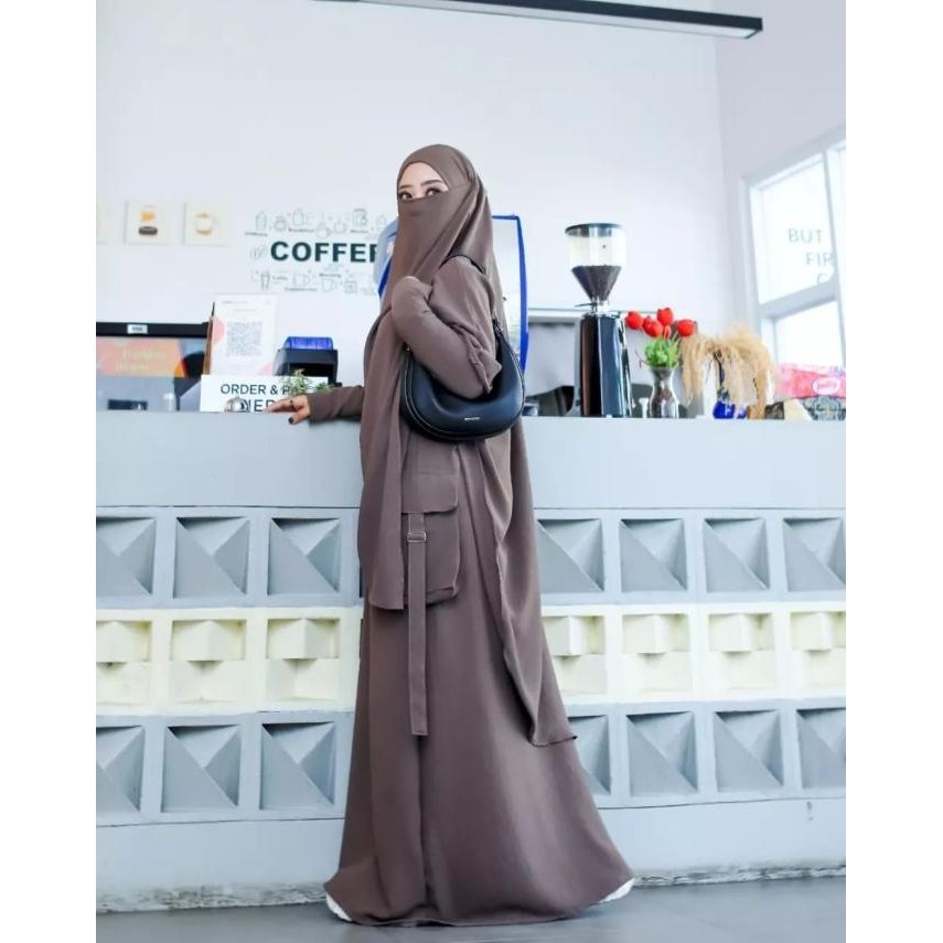 Abaya cargo French Khimar Free cadar bandana / Zea Abaya Cargo plus khimar dan cadar/ Abaya cringkle