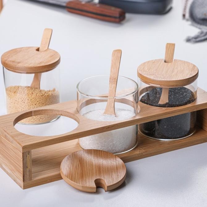 Grosir Toples Bumbu Tutup Kayu Estetik, Tempat Bumbu 3 Set Pcs