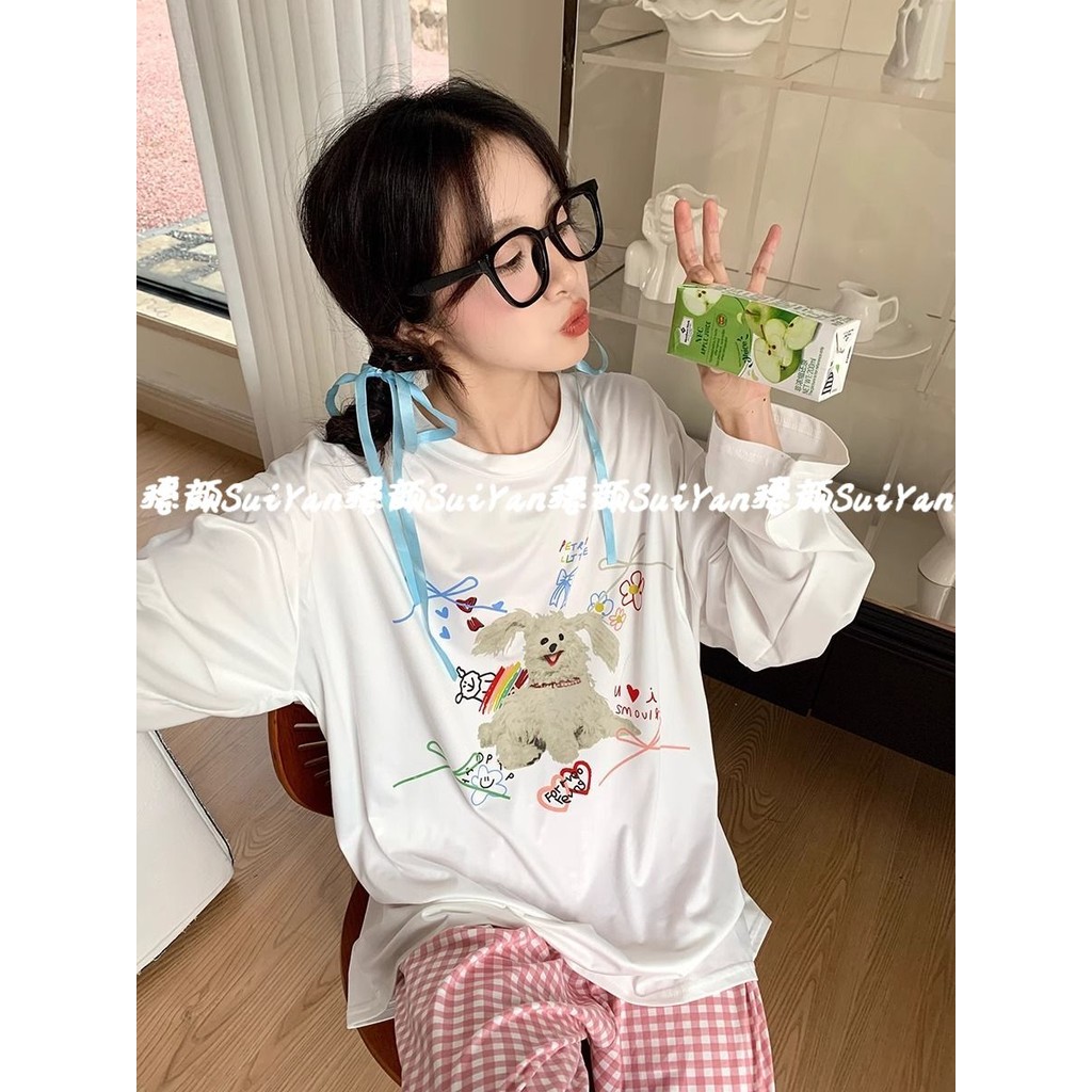 Lazy night Wanita Pendatang Baru Bisa Mengenakan Piyama Lengan Panjang Anak Anjing + Piyama Kotak-Ko