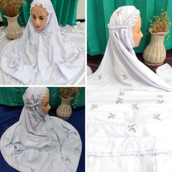 Miliki Mukena Dewasa Terusan Polino Motif Bordir Tabur Seribu Bunga Cantik Nyaman Tebal Variasi Puti