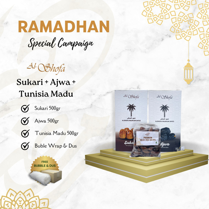 

Bundling Spesial Ramadhan Kurma Sukari 500gr + Kurma Ajwa 500gr + Kurma Tunisia Madu 500gr
