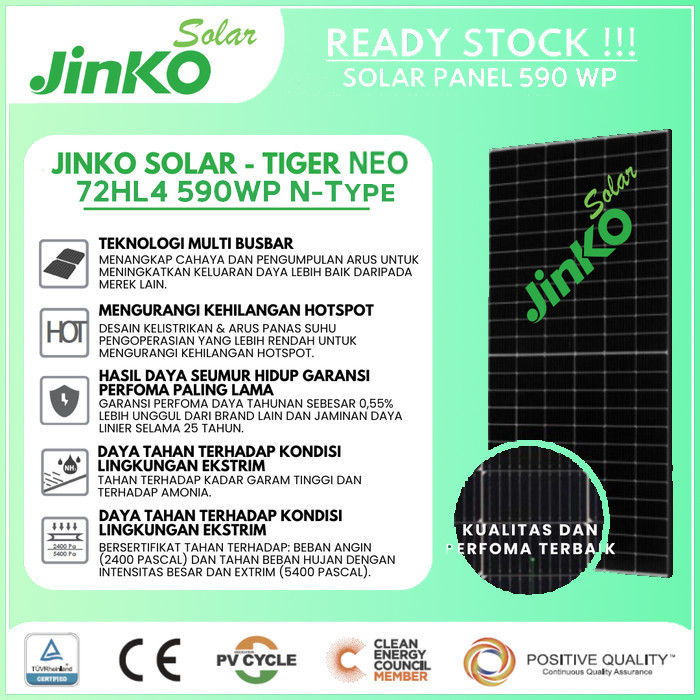 Jinko Solar Cell / Panel Surya 590WP N-Type SNI Mono Tier 1 Bukan Trina Longi Free Packing Kayu