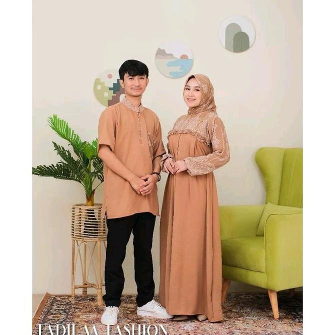 Terbatas.. Sarimbit Kanaya Gamis Couple Dan Kemeja Koko Bahan Soft Crinkel Polos Dan Ceruty Motif - 