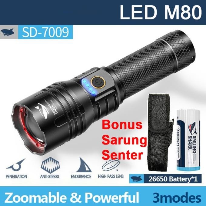 Promo Senter Smiling Shark Sd7009 M80 Super Terang Type-C  Powerbank