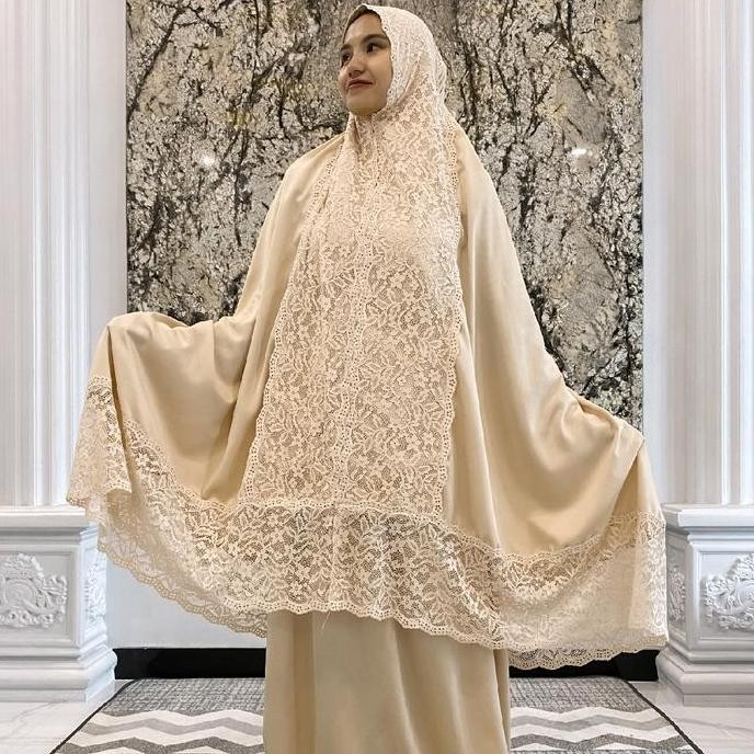 Miliki Mukena Dewasa Silk Fatimah Renda Brukat Motif Bunga Cantik Lembut Mewah Atasan Panjang Kain N