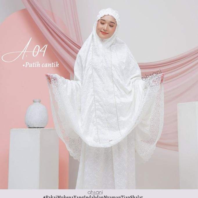 Miliki Mukena Ahsani A.04 Dewasa Jumbo Sutra Ori Putih Renda Mewah Mahar