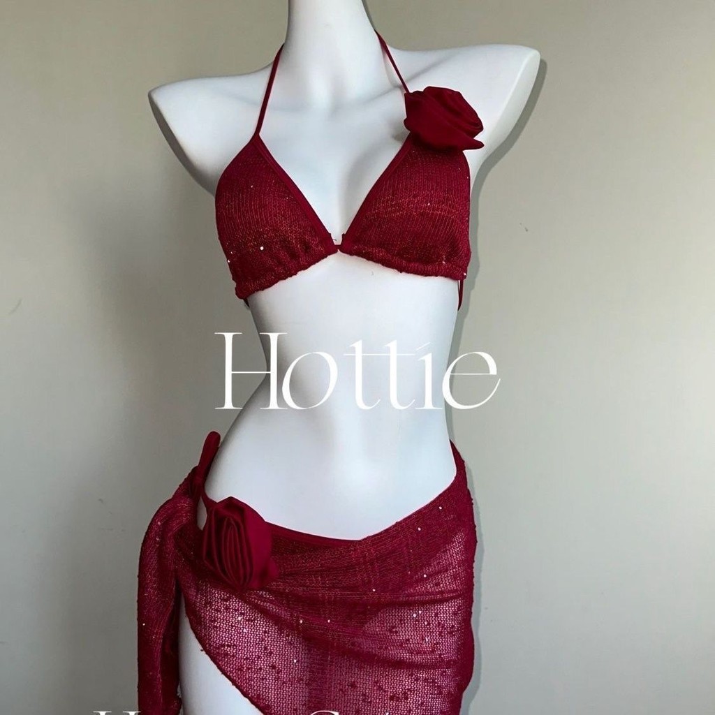 Pure Desire Style Knitted Burgundy Triangle Top Rose Bikini Three-Piece Set