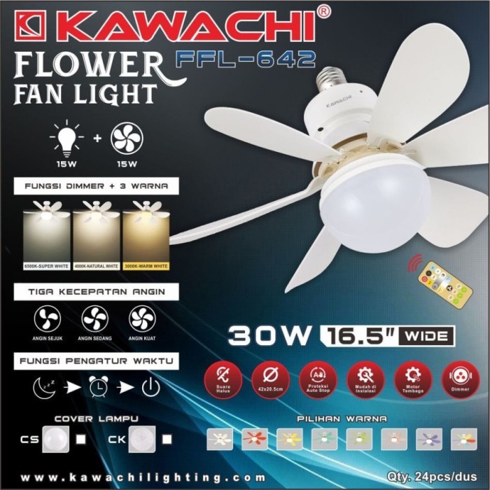 Ceiling Fan E27 Led Flower Fan Light Lampu Kipas Angin Remote Kawachi