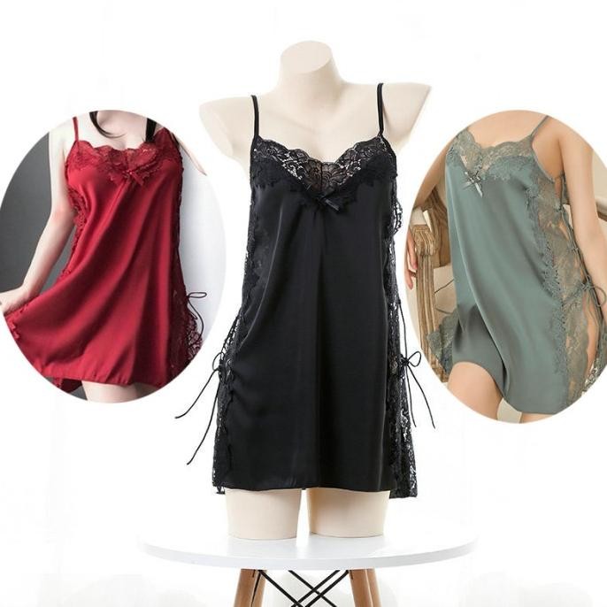 

Lingerie Wanita Sexy Satin Baju Tidur Rok Suspender Thong Set A512 Original
