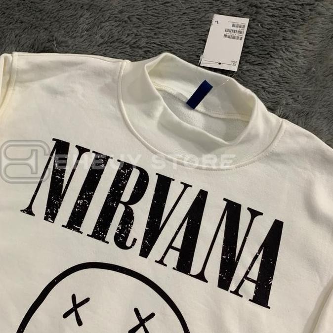 Murah Hoodie Crop Sweater Hm Nirvana Smile Broken White Hoodie Crop Wanita Soft Cream