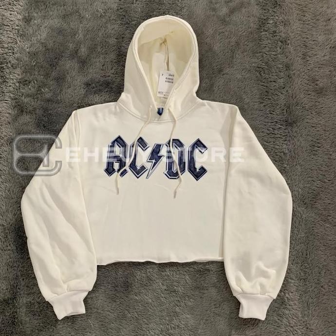 Sale Hoodie Crop Acdc Logo Chrome Broken White Sweater Crop Wanita Original Flecee Katun Tebal
