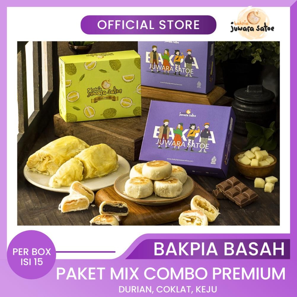 

Bakpia Juwara Satoe [ 3 Box ] Paket Mix Combo Bakpia Basah (Durian, Coklat, Keju) - Oleh Oleh Khas Jogja Hari Ini