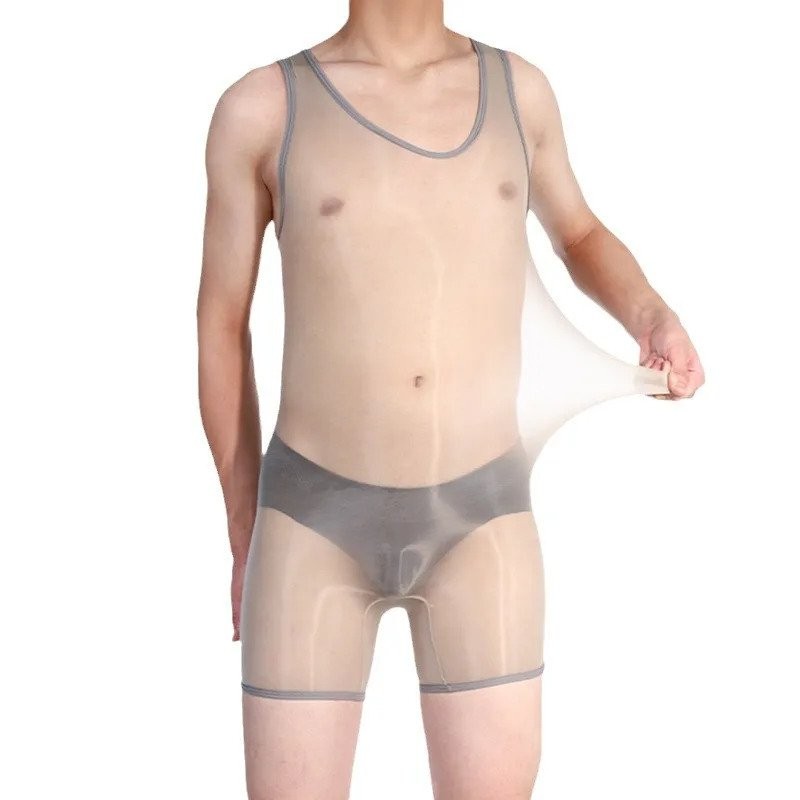 Men Sexy Oil Shiny Bodysuits Glossy Tank Rompers Male See Through Jumpsuits Gay High Stretchy Bodyst