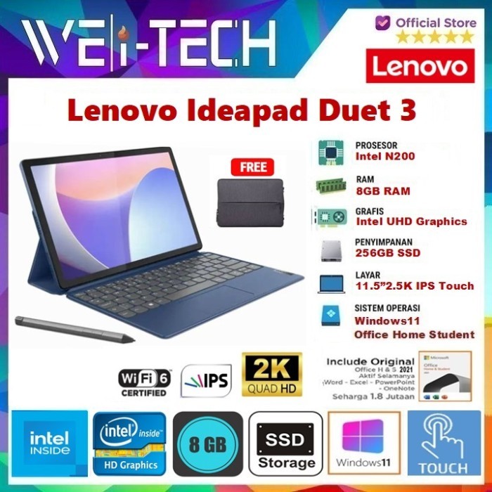 Lenovo Ideapad Duet 3I N200 8Gb 256Gb Ssd 11.5"2.5K Touch Win11 Ohs