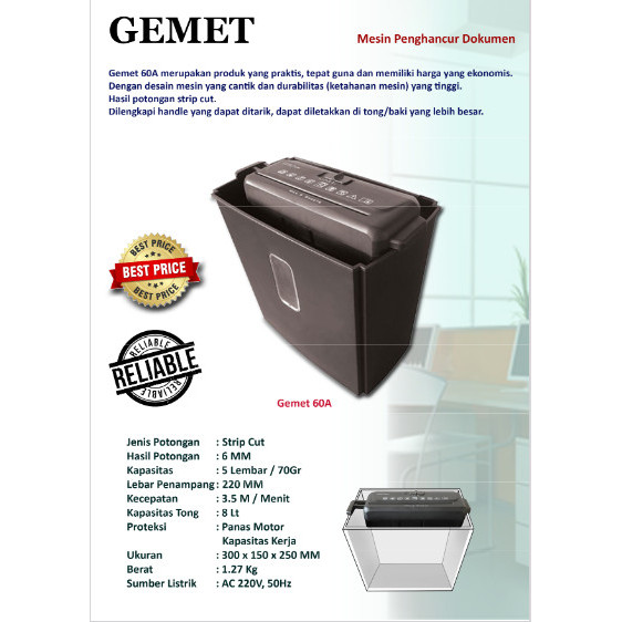 

TERLARIS! GEMET 60A Mesin Penghancur Kertas Paper Shredder MURAH