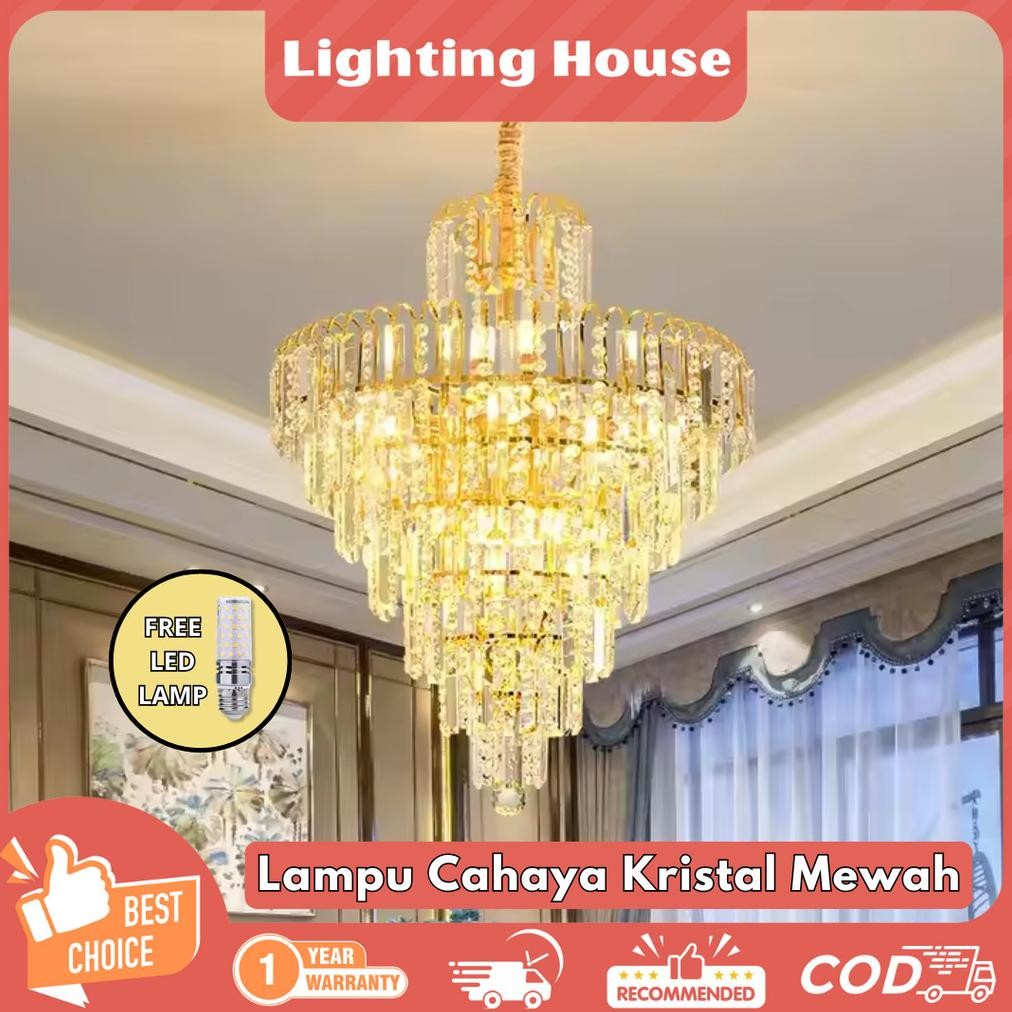 Lighting HouseGaransi 1 TahunLampu gantung ruang tamu Kristal 3 warna Gold Chandelier Cahaya LED kri