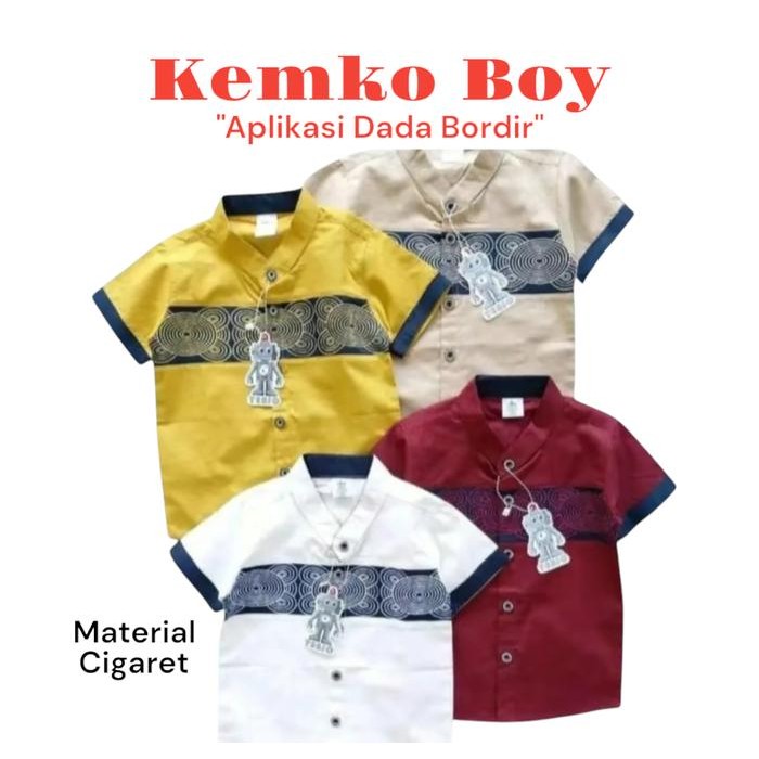 Kemeja Kemko Motif Bordir Anak Laki Est. Usia 1-2 Thn Baju Muslim Kain Katun Pendek Cowok