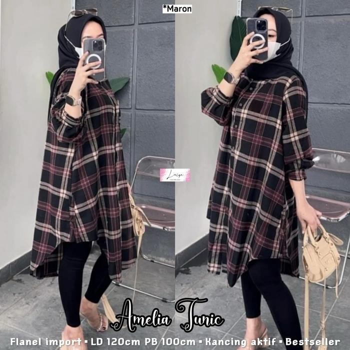Promo Amelia Tunik Wanita Kotak Kotak Flanel Premium Jumbo Manis Imut Santai Muslim Atasan Tunic