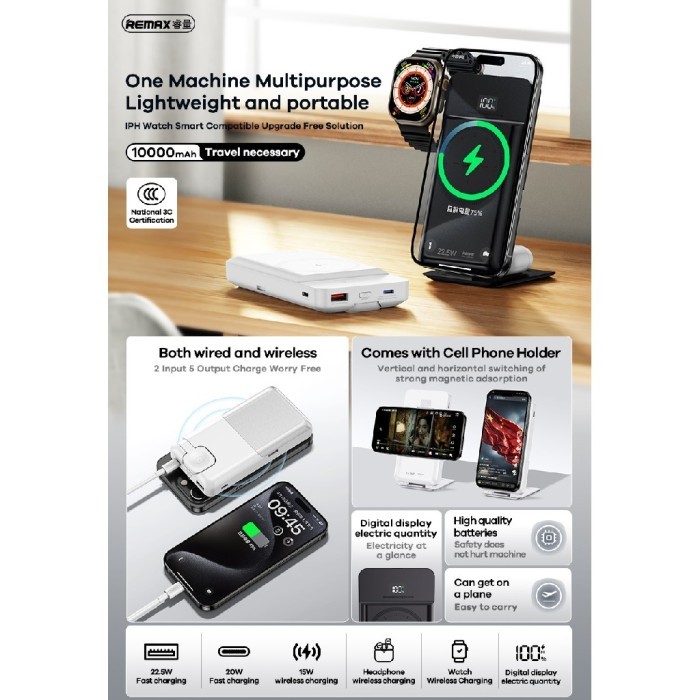 Remax RPP-D3 - 5-in-1 Power Bank 10.000mAh dengan Wireless Charging dan Holder Lipat Hitam
