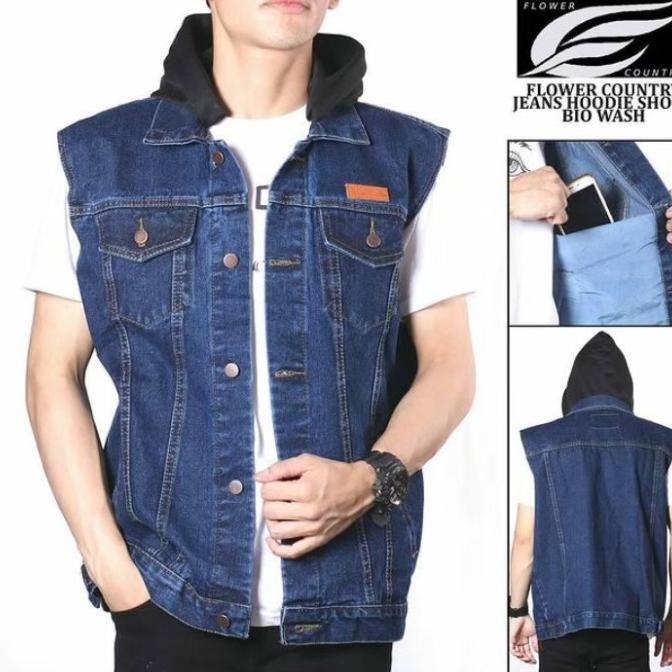 Grosir Rompi Jeans Hoodie Pria Termurah Rompi Denim Kupluk Washing Terbaru