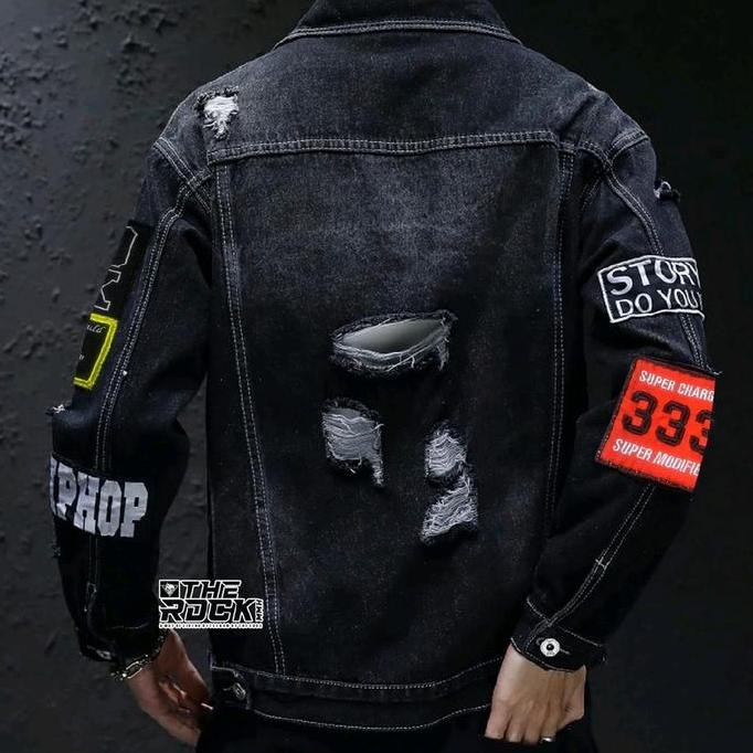 Grosir Jaket Jeans Hiphop Sobek Emblem Premium - Jaket Jeans Distro Original