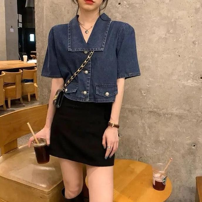 Murah Cod-Crop Top Oversize Denim Wash Wanita / Blazer Crop Jeans Outfit Jeans Korean Remaja