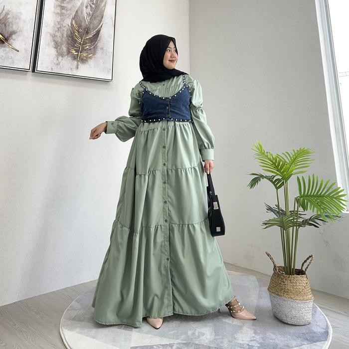 Ld 120Cm Pj 130 Gamis Jumbo Dress 2 In 1 Gamis Madani Katun Polyester + Vest/Rompi Jeans Soft Wash