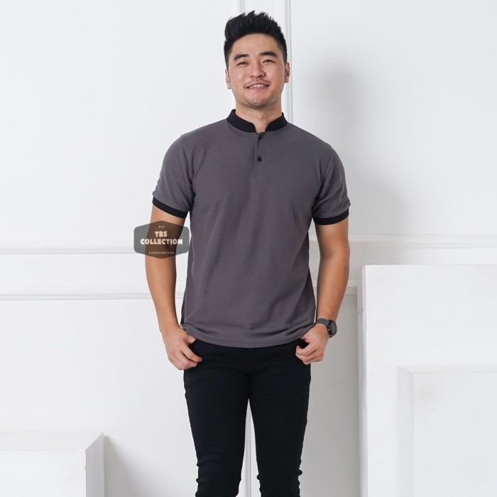 Kaos Polo Shirt Kerah Shanghai Polos Putih Pria Lengan Pendek - Abu Tua, M