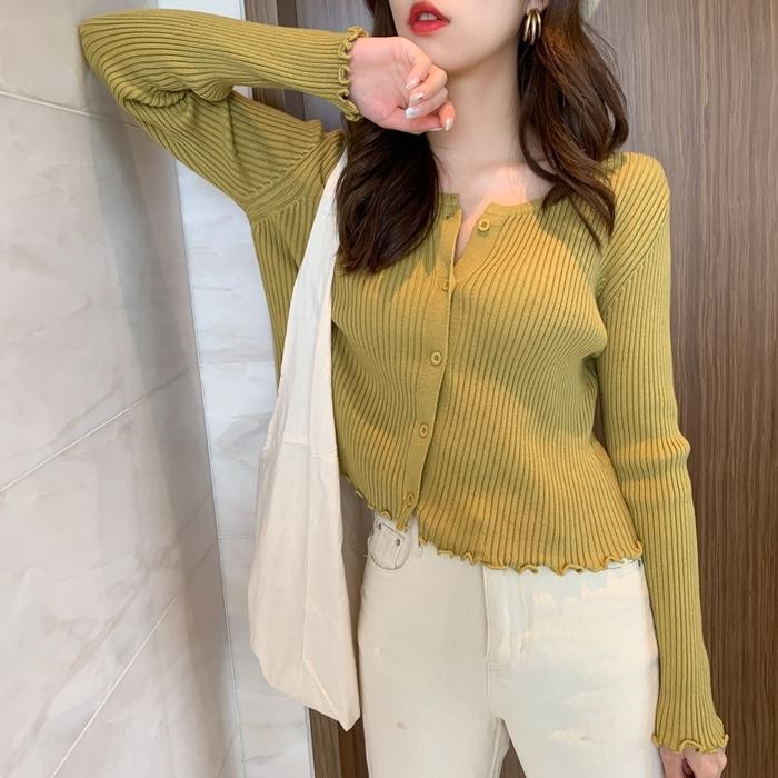 Cardigan Rajut Knit Crop Kancing Depan Lengan Panjang Korea Style Baju Rib Atasan Knitwear Tebal