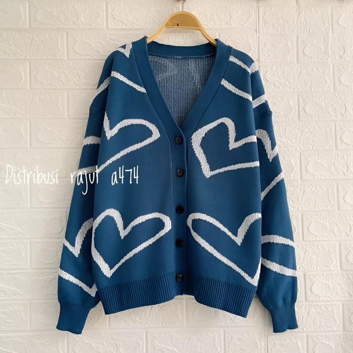 Hilda Cardigan Rajut Kancing Polos Motif Love Atasa Lengan Panjang Wanita Baju Nyaman