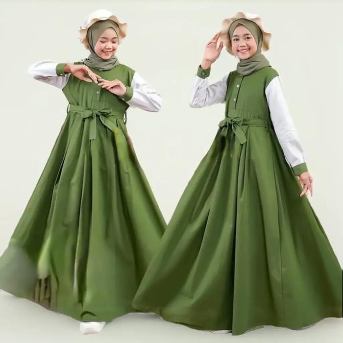 Gamis Anak Tanggung Arizana Overal, Armey Kids Teen Bahan Cringkle Airflow Premium Dress Kancing