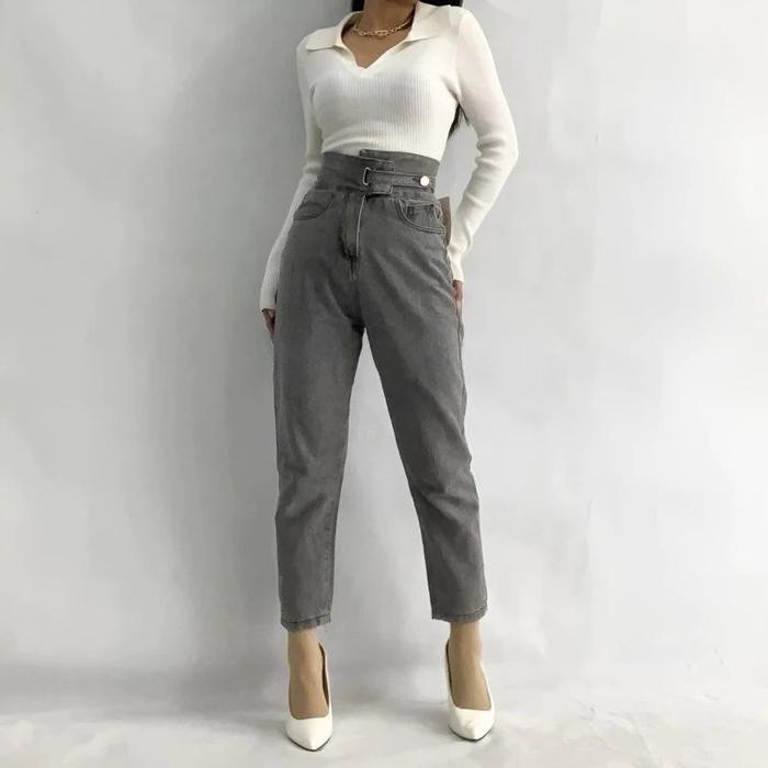 Celana Boyfrend Jeans Hw D46 Abu 27-34 Pinggang Tali - Celana Jeans Wanita Highwaist Boyfriend Cewek