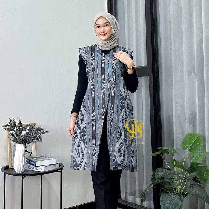Long Cardi Batik Atasan Wanita Modern Outer Panjang Tanpa Lengan Cardigan Rompi